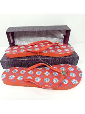 Tory Burch Thin Flip Flops Samba Compass Red Blue Logo Womens 10 Sandals
